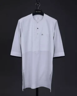 A white, front flap with mixed Swarovski button,3/4 sleeve with velvet cuff details African senator kaftan Native.