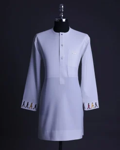 A White, front flap with mixed Swarovski buttons, patch pocket, free hand cuff with (keep walking) embroidery detailing African senator kaftan native.