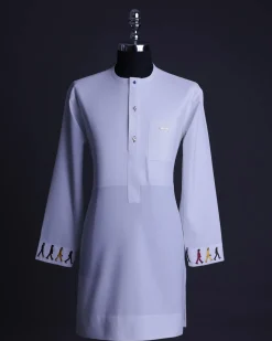 A White, front flap with mixed Swarovski buttons, patch pocket, free hand cuff with (keep walking) embroidery detailing African senator kaftan native.