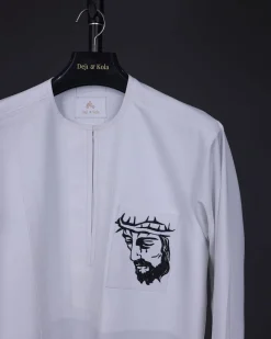 A white, front flap, Zip line with crown to Golgotha embrodery details African senator kaftan native.