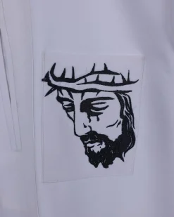A white, front flap, Zip line with crown to Golgotha embrodery details African senator kaftan native.