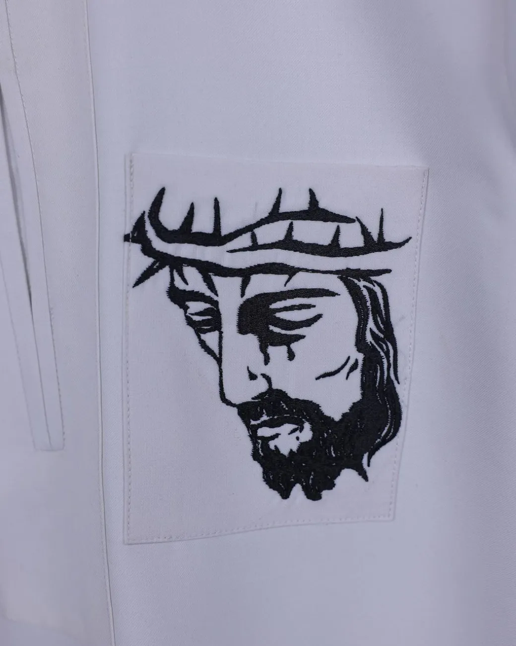 A white, front flap, Zip line with crown to Golgotha embrodery details African senator kaftan native.