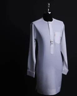A White, front flap,interwoven buckle, Long sleeve African senator kaftan native.