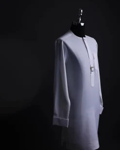 A White, front flap,interwoven buckle, Long sleeve African senator kaftan native.