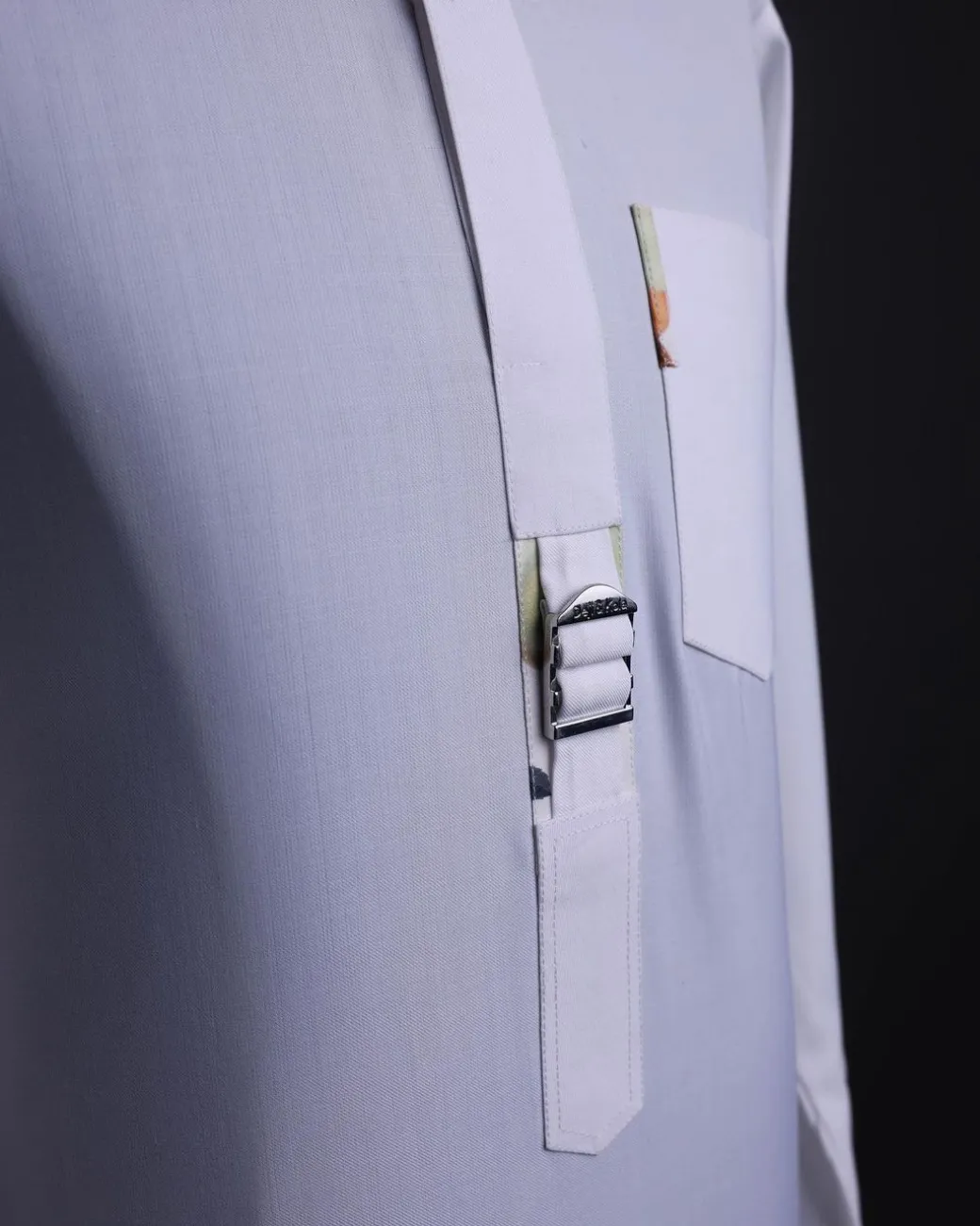 A White, front flap,interwoven buckle, Long sleeve African senator kaftan native.