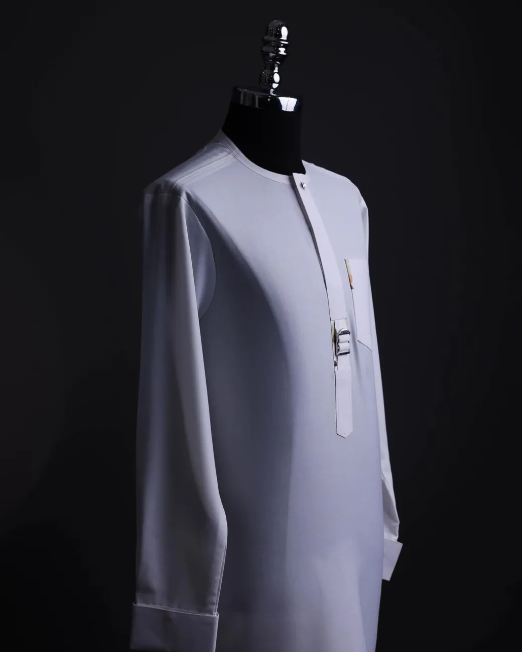A White, front flap,interwoven buckle, Long sleeve African senator kaftan native.