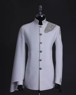 A white, hand “ide” silver metal wire embroidery, right hand sache safari suit