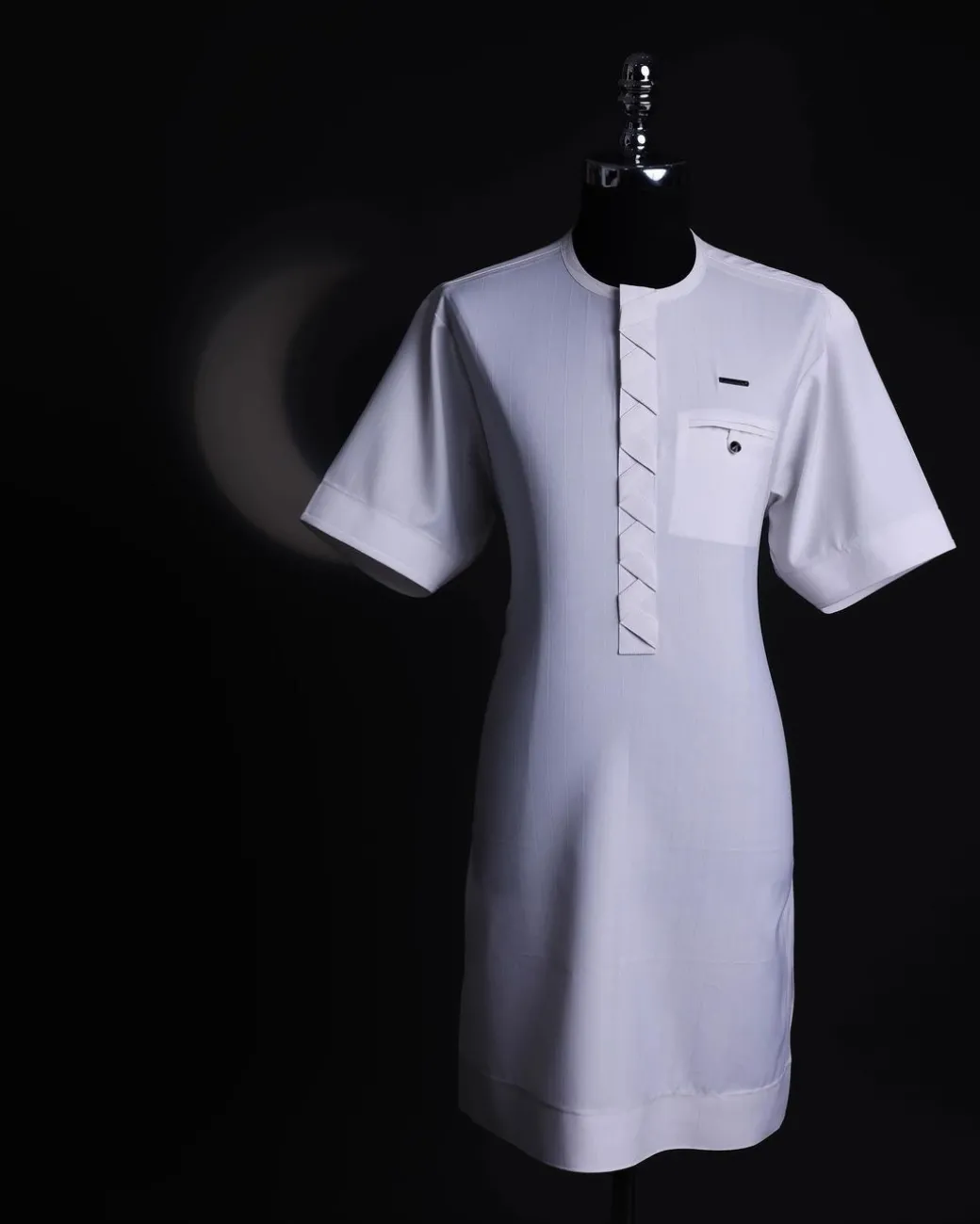 A White, Invisible stripe, front flap,interwoven flap, 3/4 sleeve African senator kaftan native.