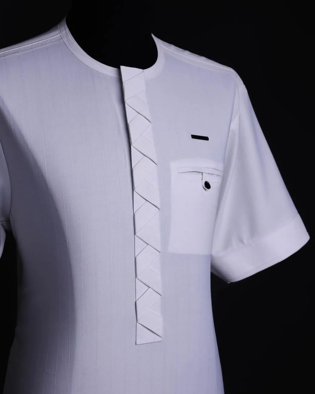 A White, Invisible stripe, front flap,interwoven flap, 3/4 sleeve African senator kaftan native.