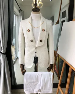 A White Jacquard Wedding reloaded “Lacasa De Papel” tuxedo Suit