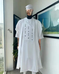 A White, Layered Dropping Swarovski Pleats, Dotted Metallic Wire Embroidery Details Agbada