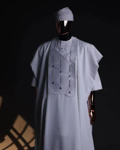 A White, Layered Dropping Swarovski Pleats, Dotted Metallic Wire Embroidery Details Agbada