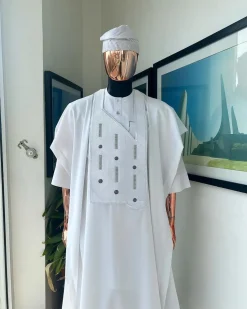 A White, Layered Dropping Swarovski Pleats, Dotted Metallic Wire Embroidery Details Agbada