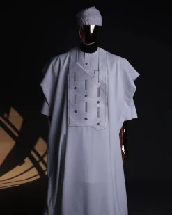 A White, Layered Dropping Swarovski Pleats, Dotted Metallic Wire Embroidery Details Agbada