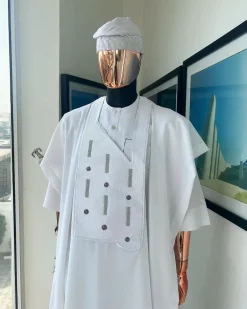 A White, Layered Dropping Swarovski Pleats, Dotted Metallic Wire Embroidery Details Agbada