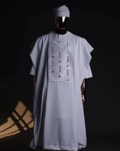 A White, Layered Dropping Swarovski Pleats, Dotted Metallic Wire Embroidery Details Agbada