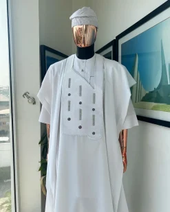A White, Layered Dropping Swarovski Pleats, Dotted Metallic Wire Embroidery Details Agbada