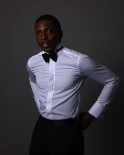 A White, Layered Stripe, Covered Buttons Tuxedo Shirt.
