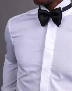 A White, Layered Stripe, Covered Buttons Tuxedo Shirt.