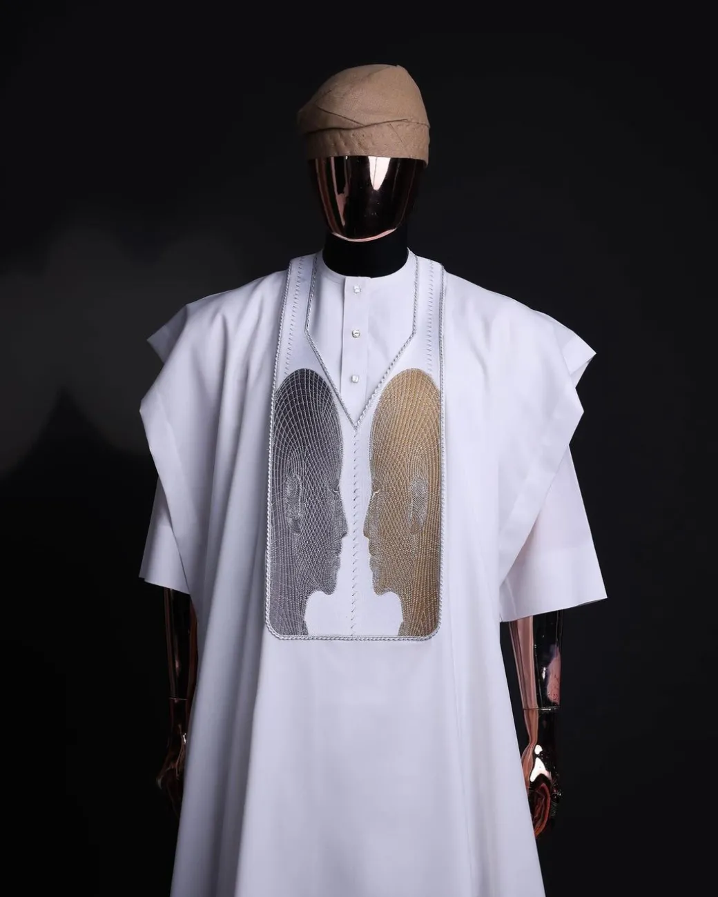 A White, Machine (Artificial Intelligence) vs Man embroidery details agbada