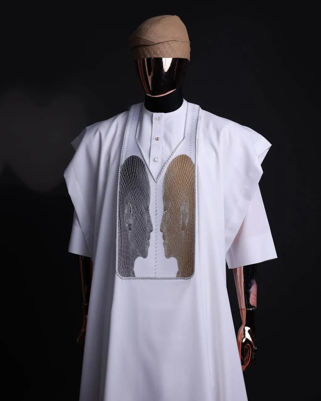 A White, Machine (Artificial Intelligence) vs Man embroidery details agbada