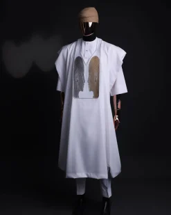 A White, Machine (Artificial Intelligence) vs Man embroidery details agbada