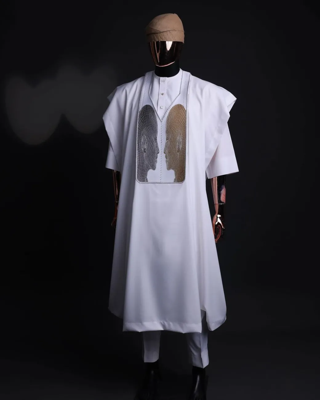 A White, Machine (Artificial Intelligence) vs Man embroidery details agbada