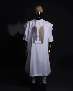 A White, Machine (Artificial Intelligence) vs Man embroidery details agbada