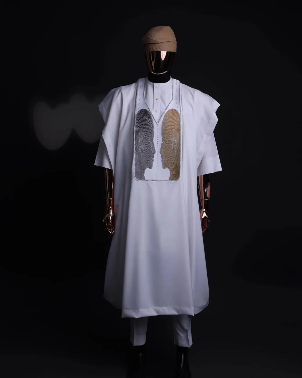 A White, Machine (Artificial Intelligence) vs Man embroidery details agbada