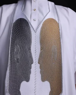 A White, Machine (Artificial Intelligence) vs Man embroidery details agbada