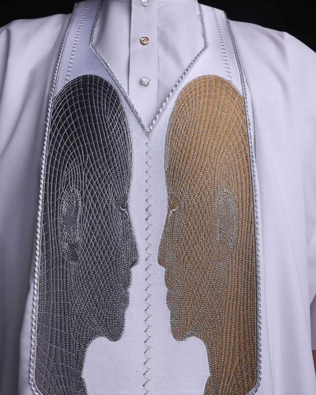 A White, Machine (Artificial Intelligence) vs Man embroidery details agbada