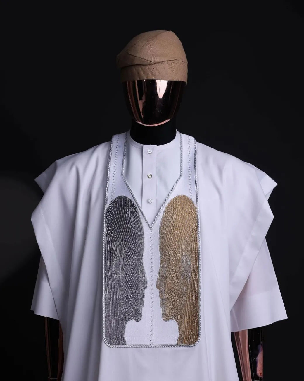 A White, Machine (Artificial Intelligence) vs Man embroidery details agbada