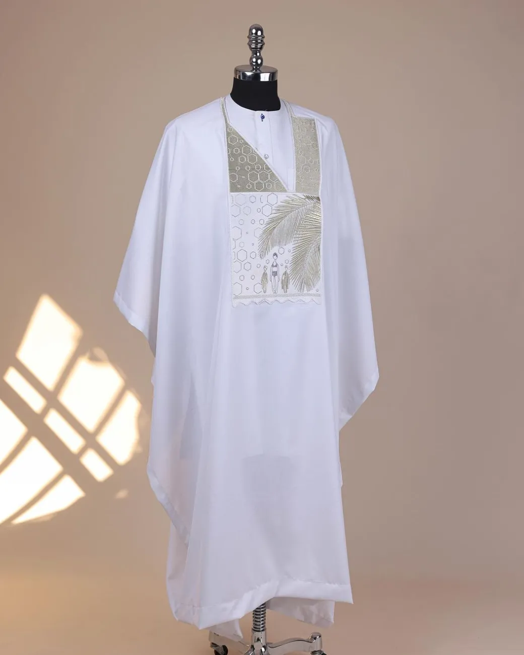A White, Mama And Children Metallic Wire Embroidery Details Agbada