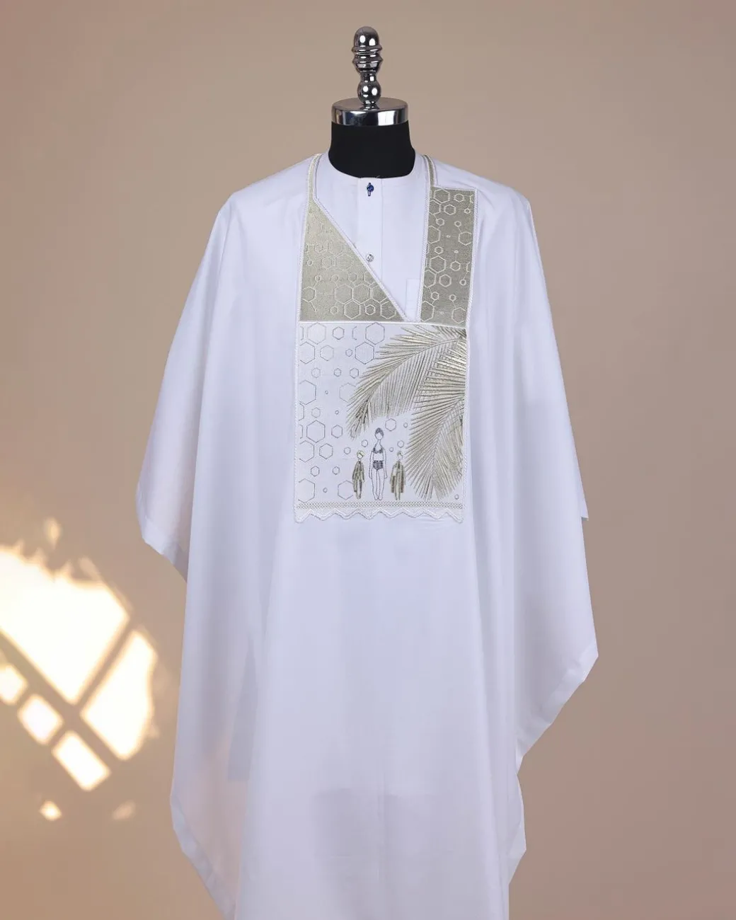 A White, Mama And Children Metallic Wire Embroidery Details Agbada