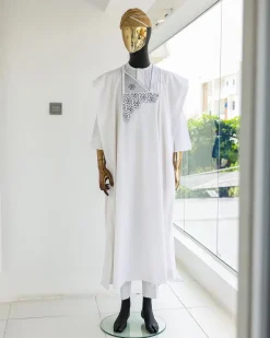 A White, Mazed Square, 1/4 size Embroidery Details Agbada