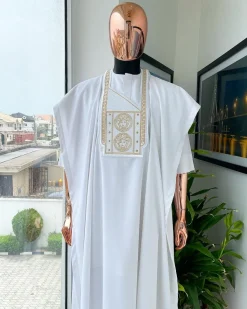 A White, Medusa Head Embroidery Detailing Agbada