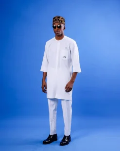A White, Mid-Slit, Zip Line With Metal Buckle Details, 3/4 Sleeve African Senator Kaftan Native.