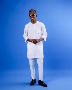 A White, Mid-Slit, Zip Line With Metal Buckle Details, 3/4 Sleeve African Senator Kaftan Native.
