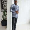A White, navy & sky blue checkerboard English spread collar business shirt.