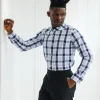 A White, navy & sky blue windowpane check English spread collar shirt.