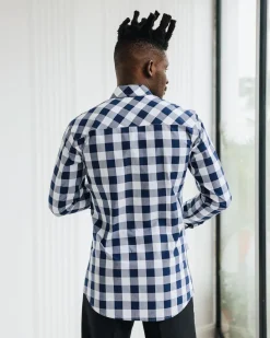 A White, navy & sky blue checkerboard English spread collar business shirt.