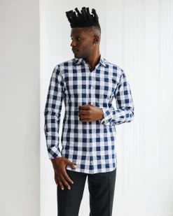 A White, navy & sky blue checkerboard English spread collar business shirt.
