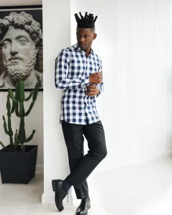 A White, navy & sky blue checkerboard English spread collar business shirt.