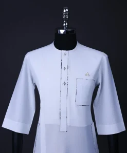 A White, paisley details, front flap with Swarovski buttons, patch pocket, 3/4 sleeve African senator kaftan native.