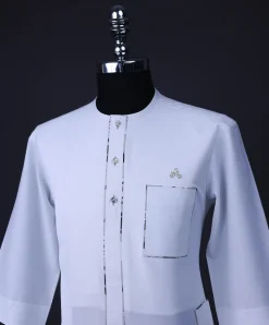A White, paisley details, front flap with Swarovski buttons, patch pocket, 3/4 sleeve African senator kaftan native.