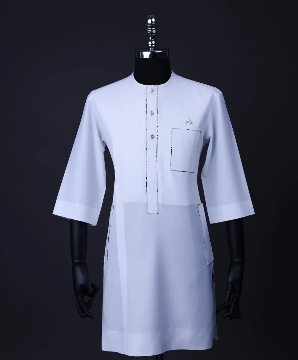 A White, paisley details, front flap with Swarovski buttons, patch pocket, 3/4 sleeve African senator kaftan native.