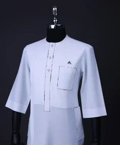 A White, paisley details, front flap with Swarovski buttons, patch pocket, 3/4 sleeve African senator kaftan native.
