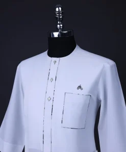 A White, paisley details, front flap with Swarovski buttons, patch pocket, 3/4 sleeve African senator kaftan native.
