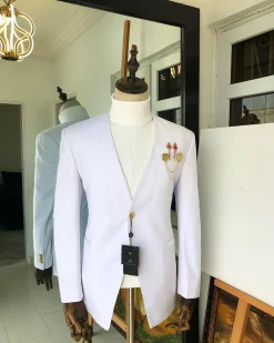 A White “Polaris” lapeless one button tuxedo Suit