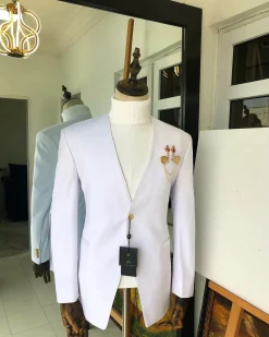 A White “Polaris” lapeless one button tuxedo Suit